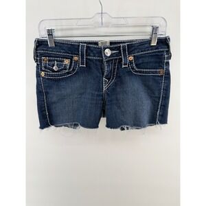 True Religion Joey Cutoff Denim Shorts Women 26 Blue Thick Stitch Low Rise Y2K